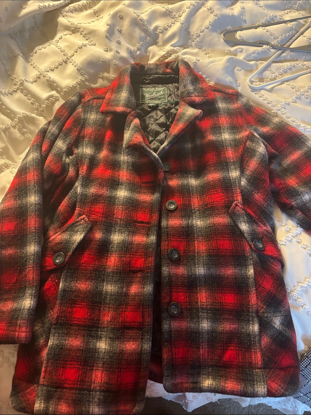 Woolrich Women's Red & Black Plaid Wool Pea Coat